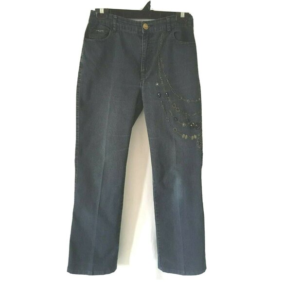 Simon Chang Denim Women Jeans Dark Wash Embroidery 5 Pockets Ankle Bootcut Sz.4 - Picture 1 of 9